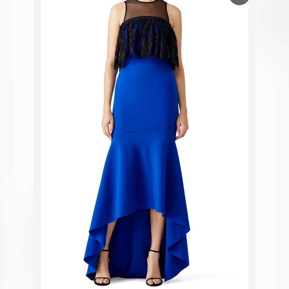 Theia-Cobalt High Low Ruffle Gown in size 4